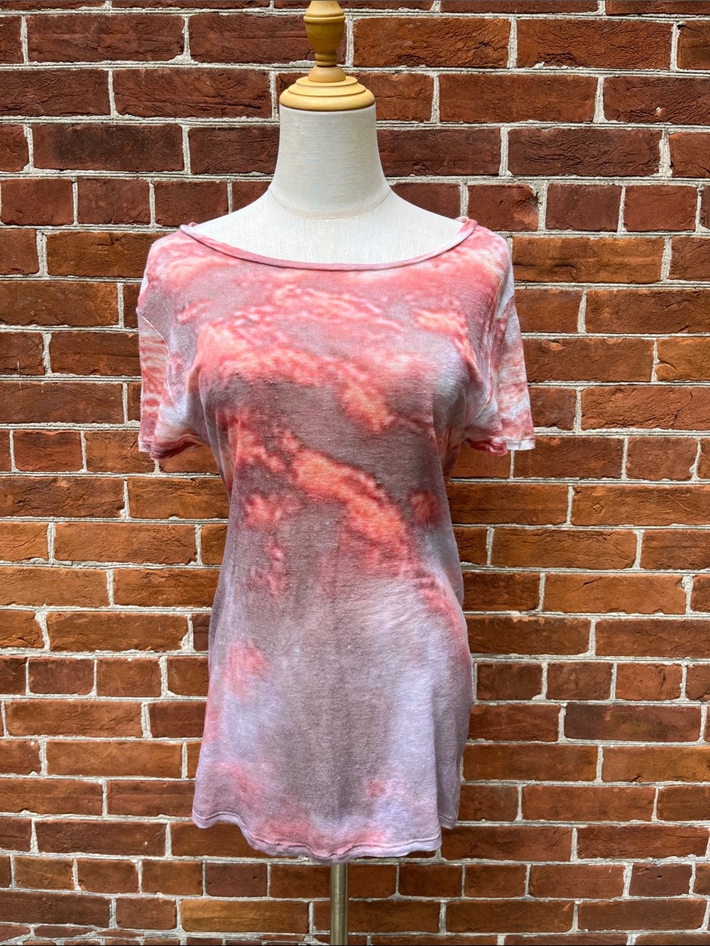 Isabel Marant Short Sleeve Tie-Dye Linen Tee in Coral and Brown